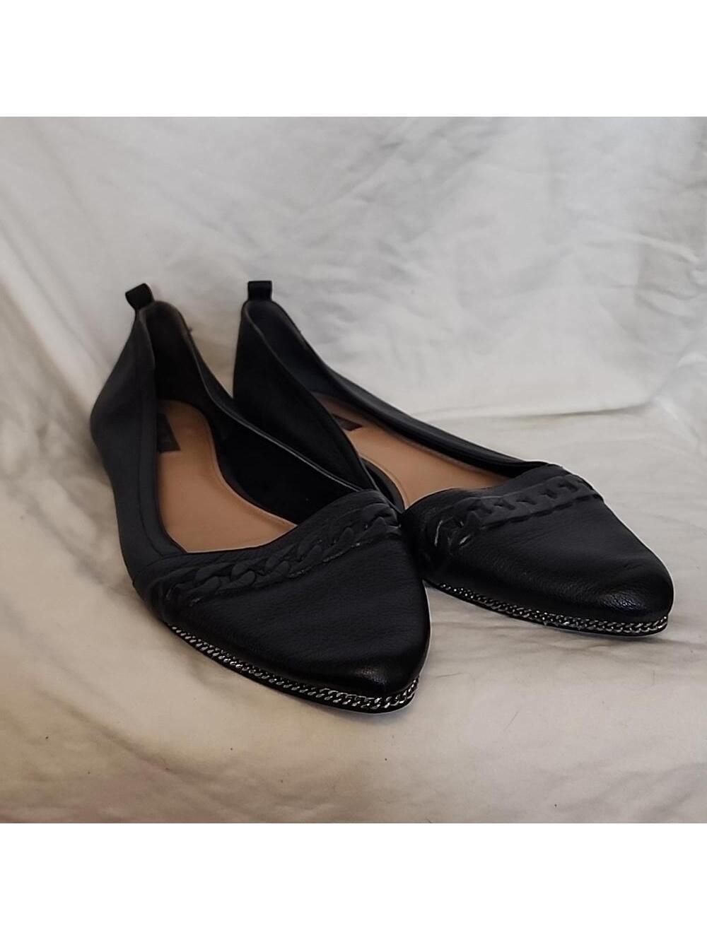 Rachel Zoe Black Pointed Toe Braided Trim Leather Flats